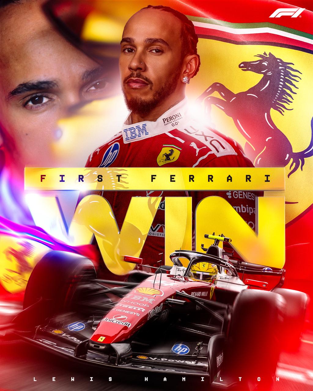 Hamilton apontando para o escudo da Ferrari em seu macacão